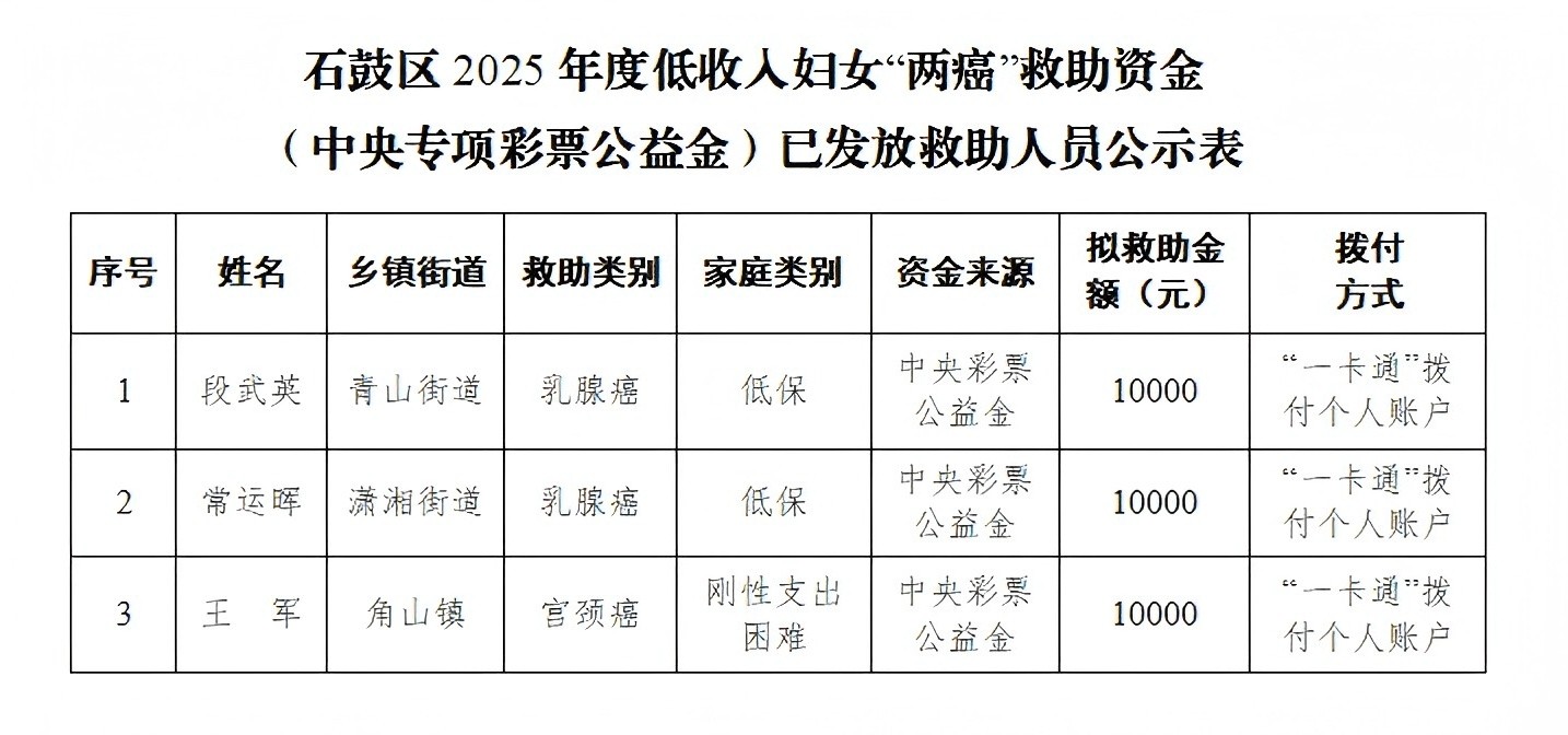 关于石鼓区2025年度全国妇联低收入妇女“两癌”救助资金（中央专项彩票公益金）使用情况的公示